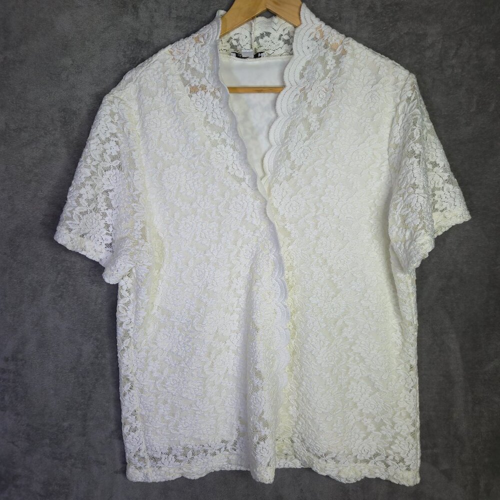 Vintage Susan‎ Graver Womens Shirt Size XL Off White Lace Stretch Boho Cottage